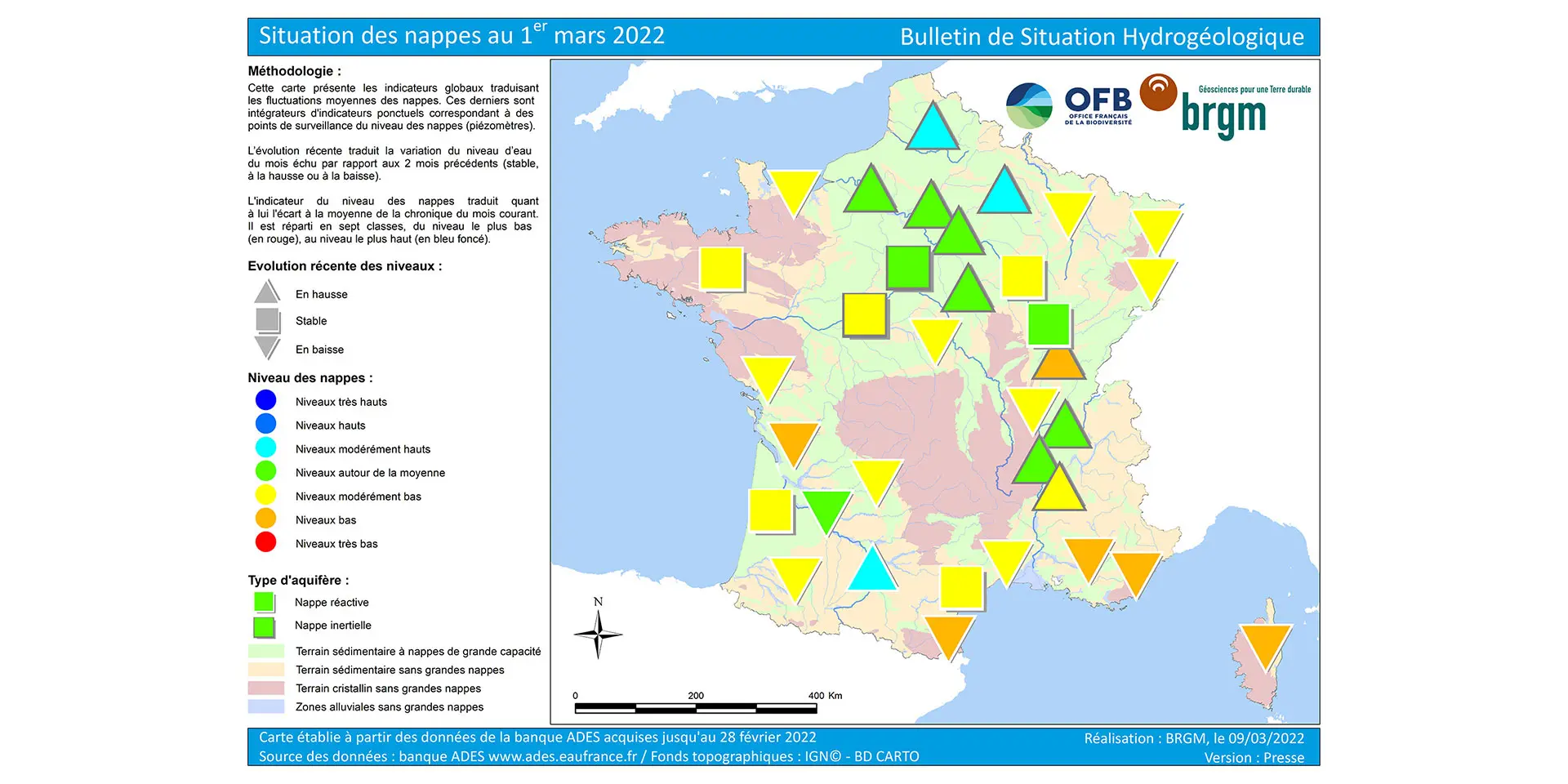 Map of France of the situation of aquifers on 1 March 2022.