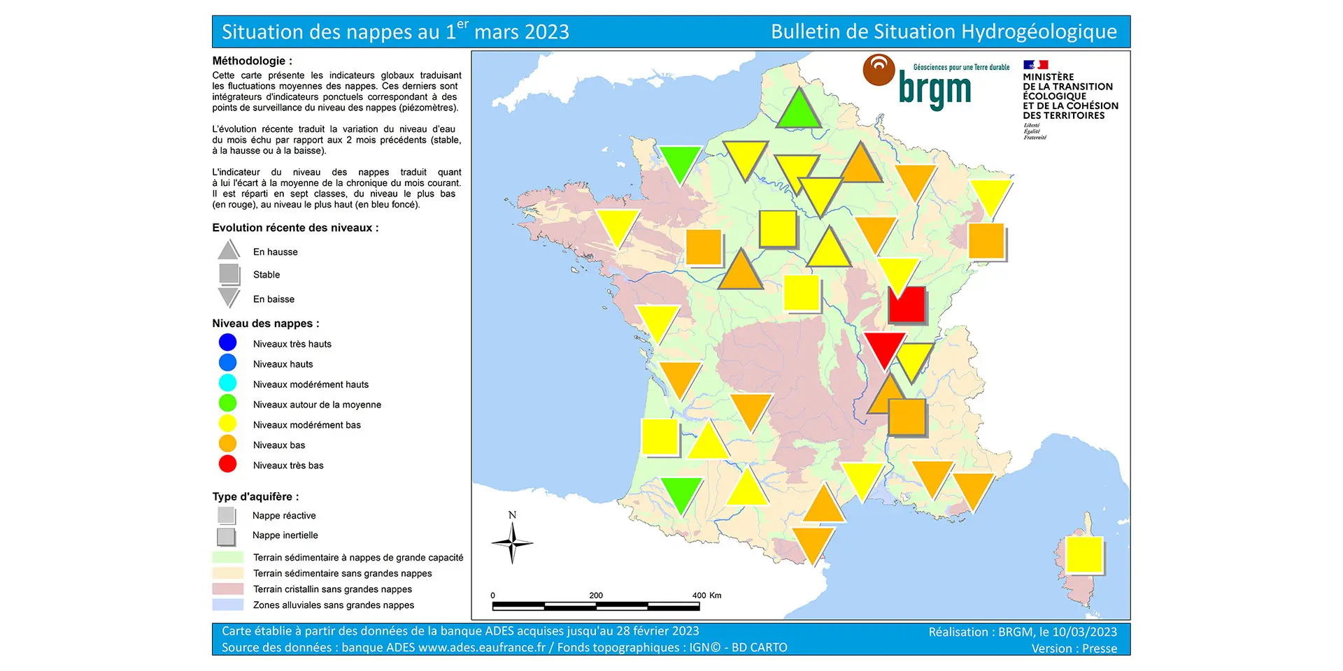 Map of France of the situation of aquifers on 1 March 2023.