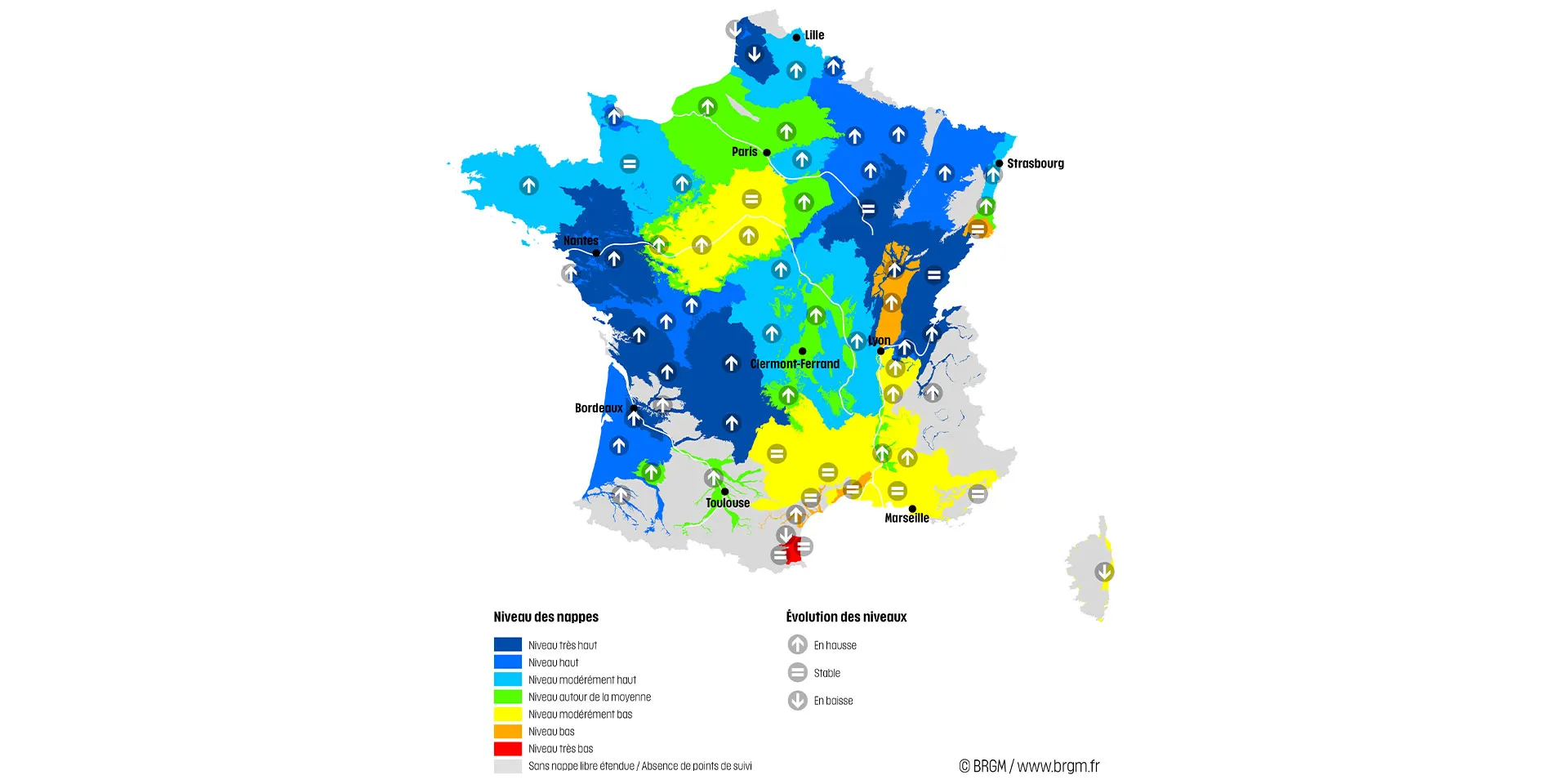 Map of France showing the state of the aquifers on 1 January 2024.