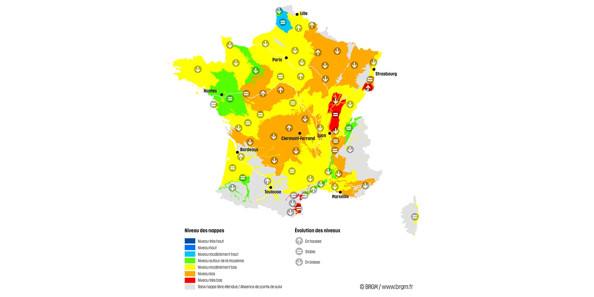 Carte de France hexagonale de la situation des nappes au 1er mars 2023.