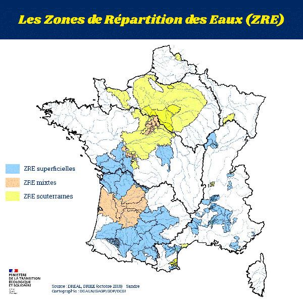 Carte des Zones de répartition des eaux (ZRE) en 2018.