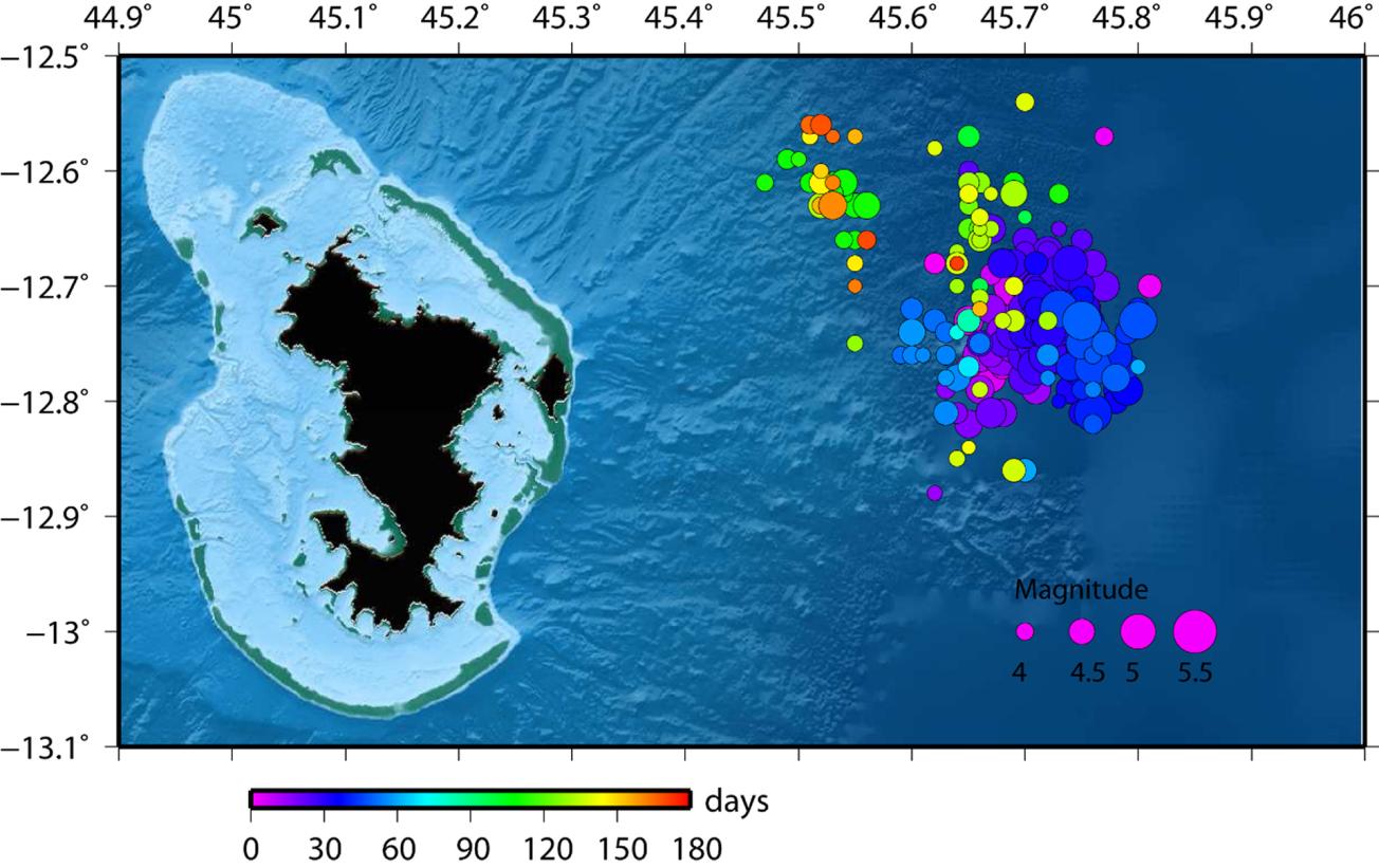 Location of earthquakes above magnitude 3.8 in Mayotte 