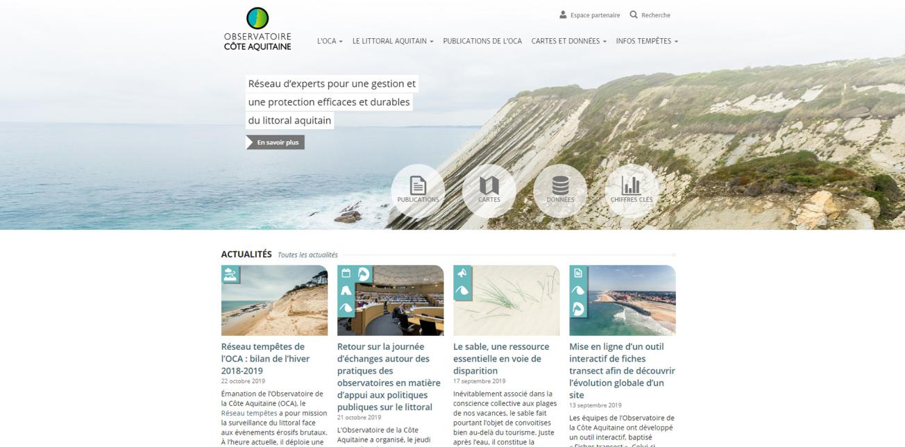Page d’accueil du nouveau site web pour l'Observatoire de la côte aquitaine 
