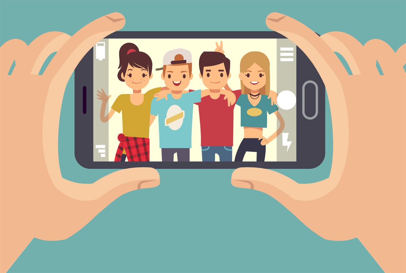 Drawing of teenagers being photographed with a mobile phone   