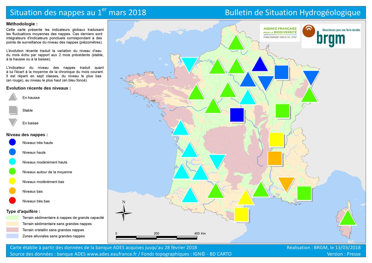 Map of water table levels in France on 1 March 2018 