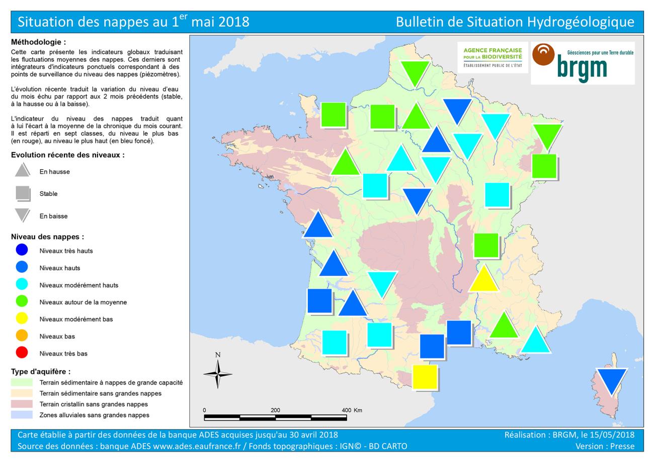 Map of water table levels in France on 1 May 2018