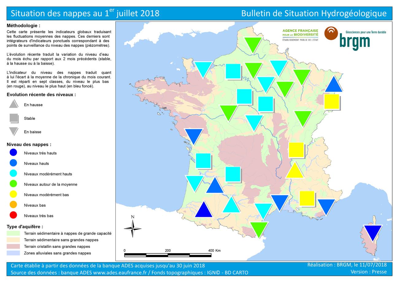  Map of water table levels in France on 1 July 2018 
