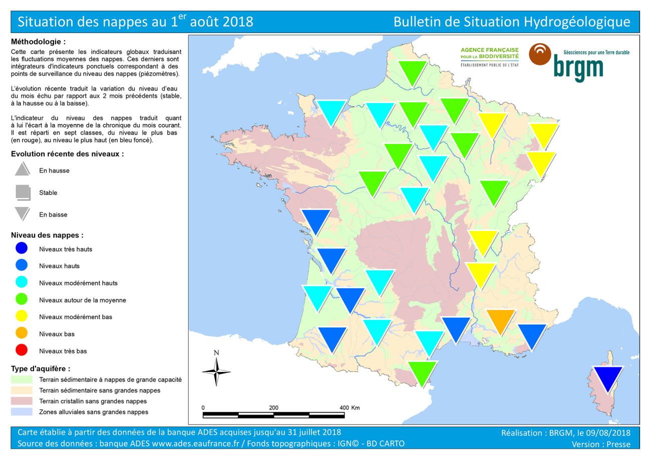 Carte de France de l’état des nappes d’eau au 1er  août 2018