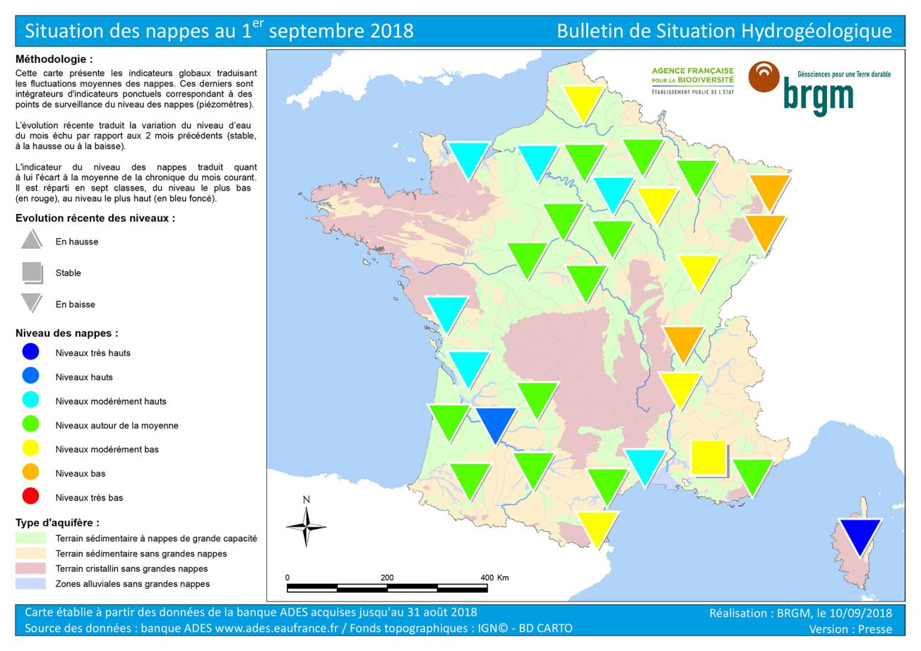 Map of water table levels in France on 1 September 2018 