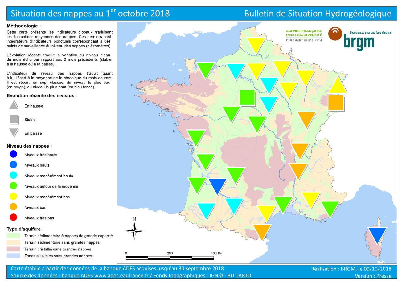 Map of water table levels in France on 1 October 2018