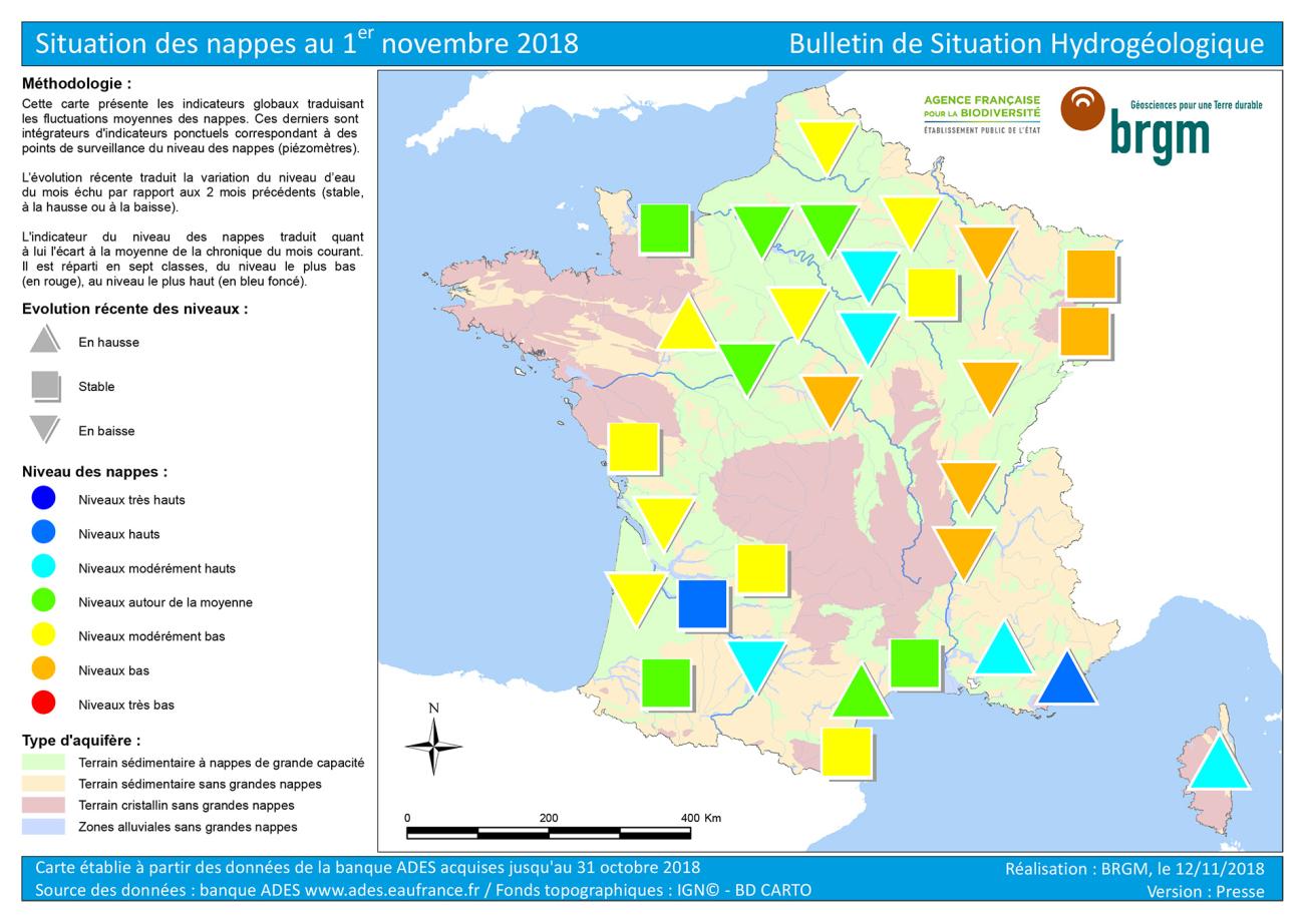 Map of water table levels in France on 1 November 2018 