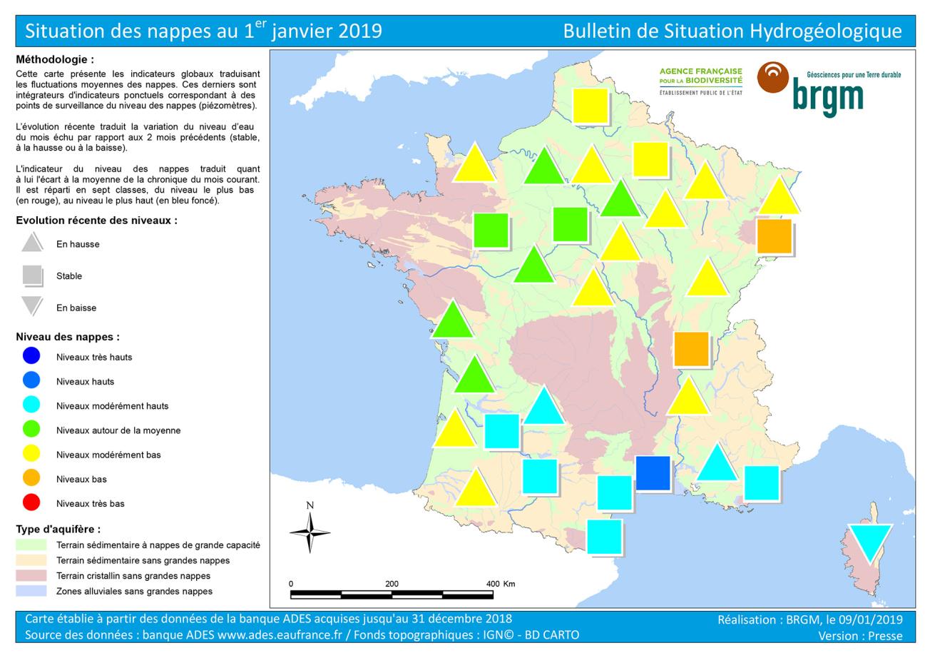 Carte de France de l'état des nappes d'eau au 1er  janvier 2019
