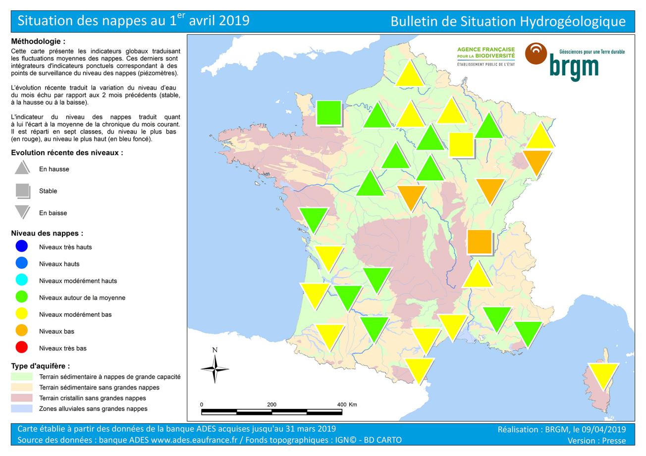 Map of water table levels in France on 1 April 2019 