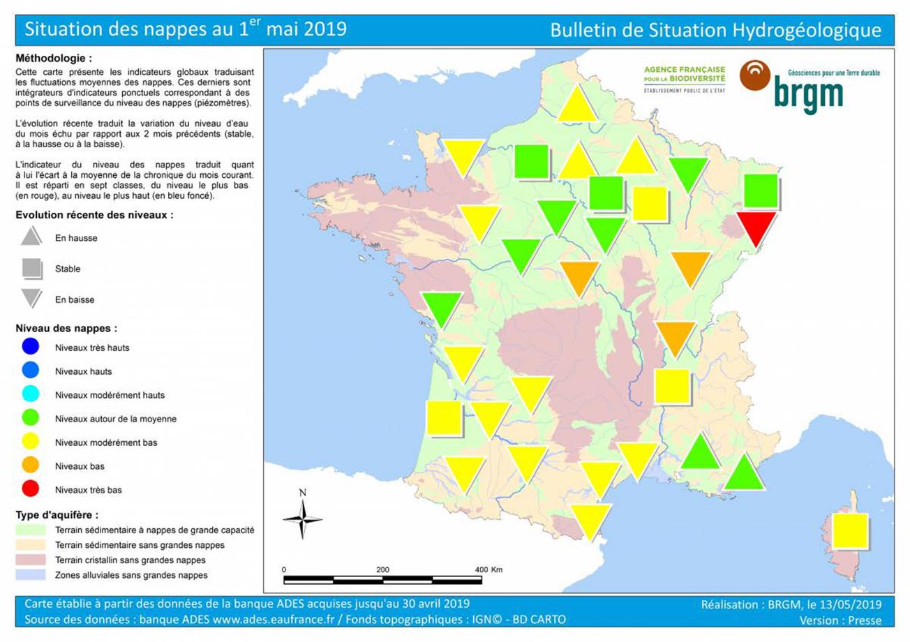 Carte de France de l’état des nappes d’eau au 1er  mai 2019