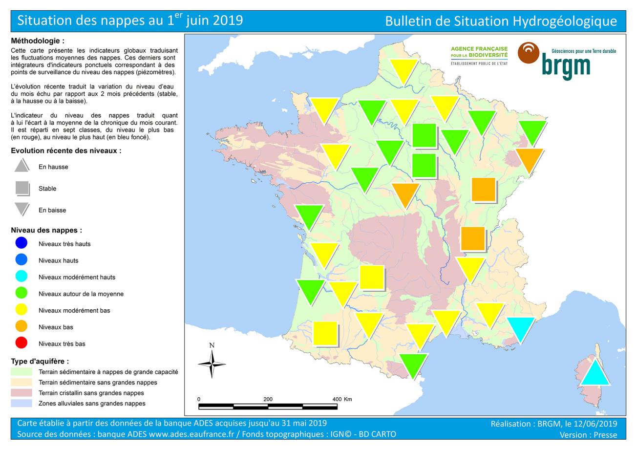 Carte de France de l’état des nappes d’eau au 1er  juin 2019