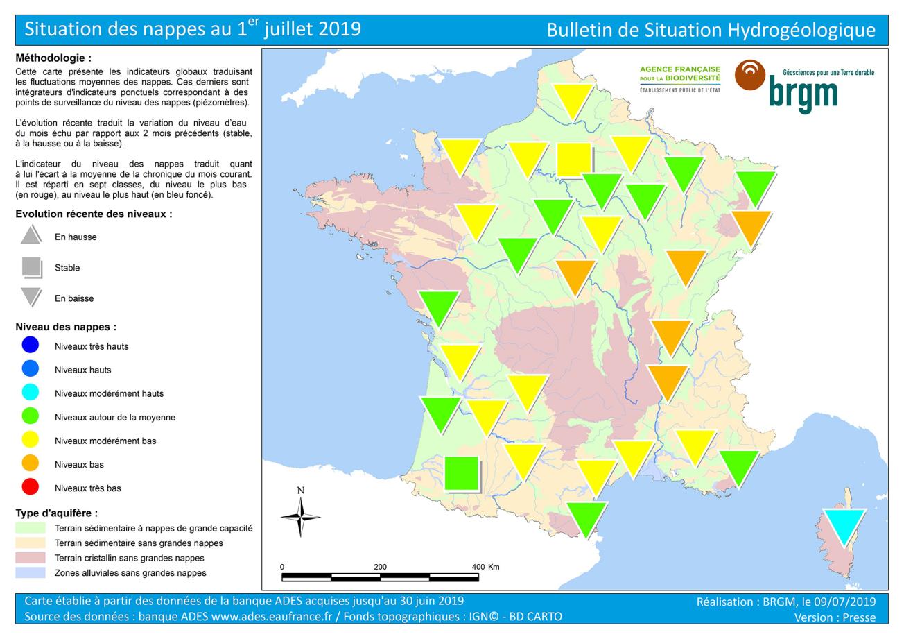 Map of water table levels in France on 1 July 2019 
