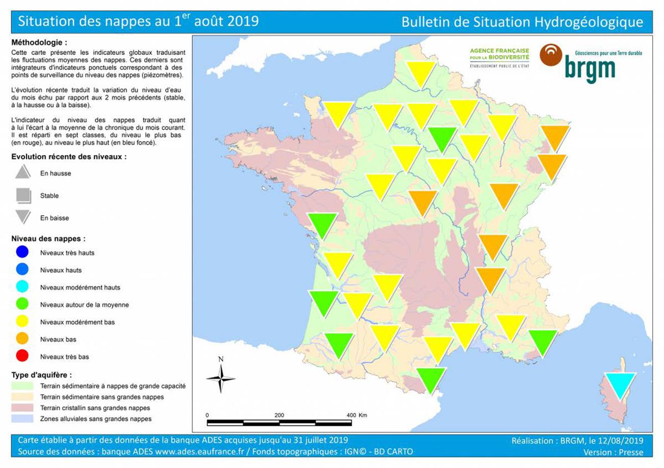 Carte de France de la situation des nappes d'eau au 1er août 2019