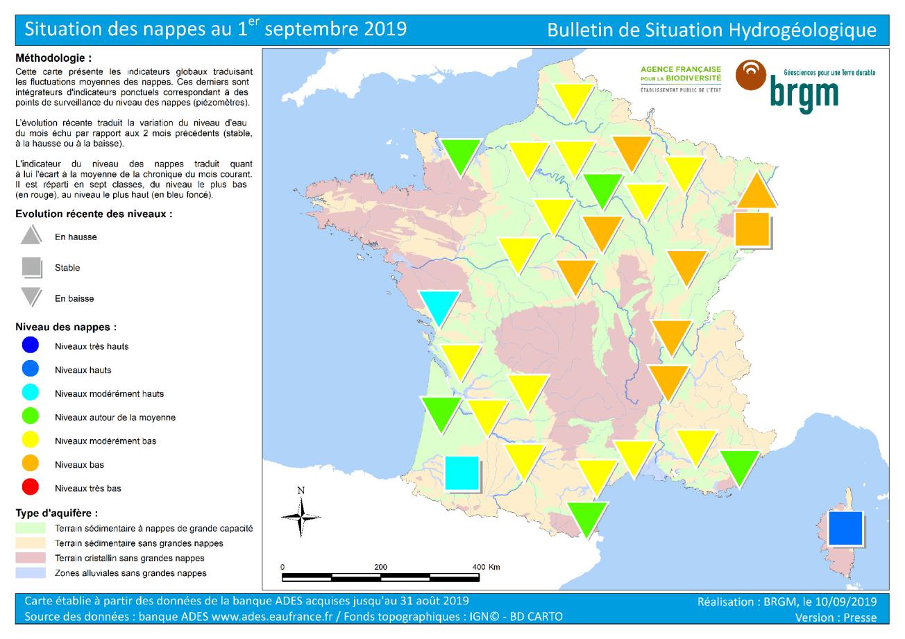 Map of water table levels in France on 1 September 2019 