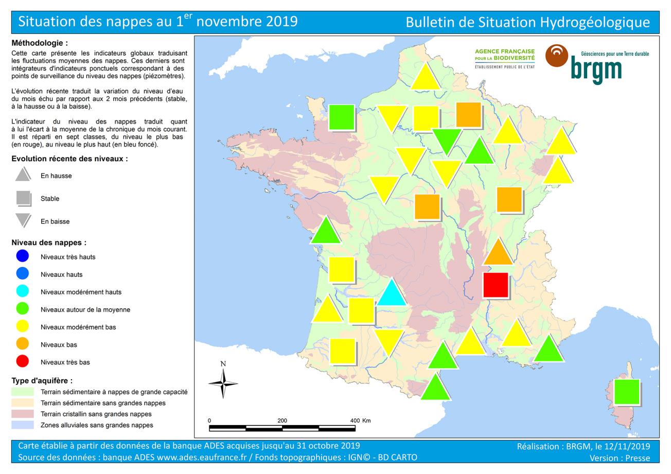Carte de France de la situation des nappes au 1er novembre 2019