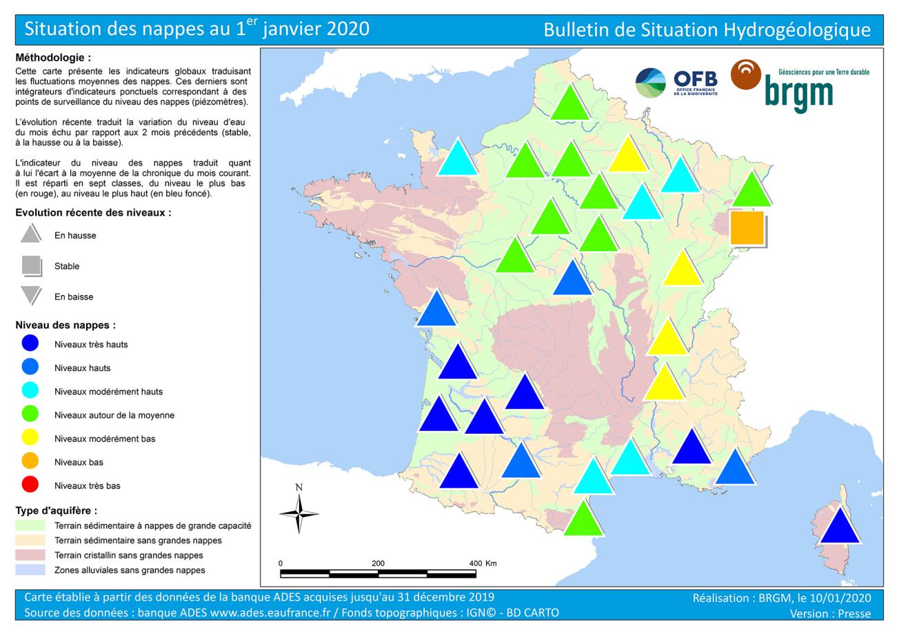 Carte de France de la situation des nappes au 1er janvier 2020