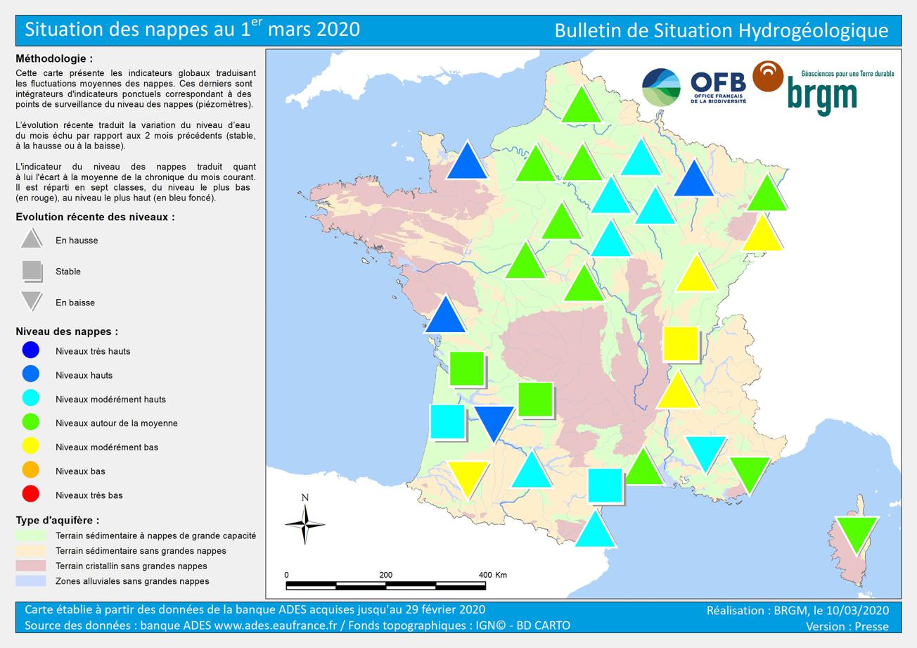 Map of water table levels in France on 1 March 2020 