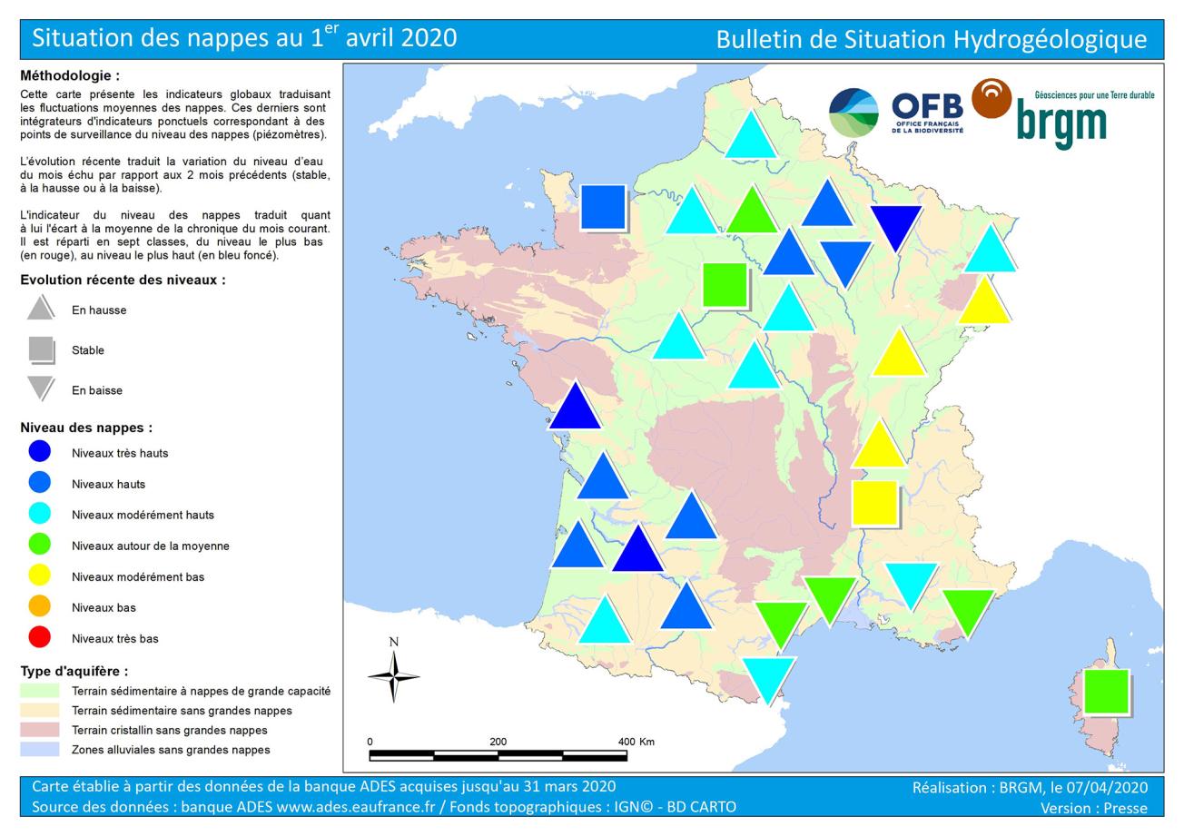 Map of water table levels in France on 1 April 2020 