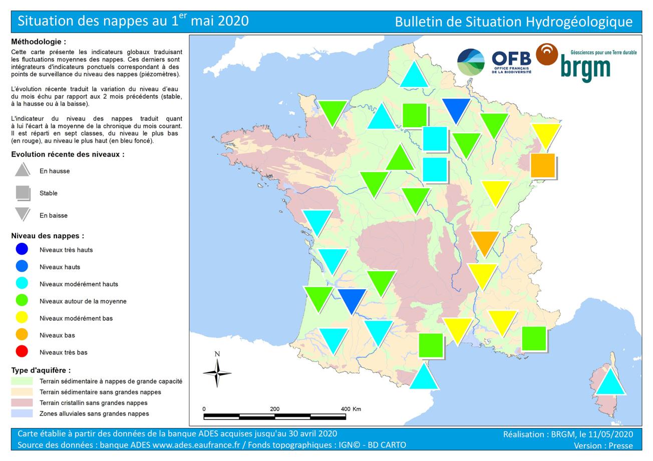 Map of water table levels in France on 1 May 2020 