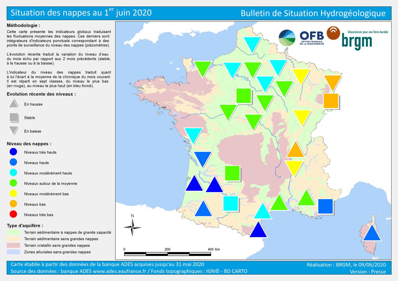Carte de France de la situation des nappes au 1er juin 2020
