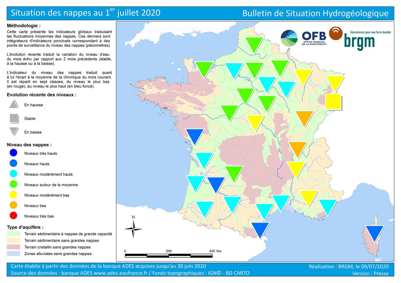 Carte de France de la situation des nappes au 1er juillet 2020