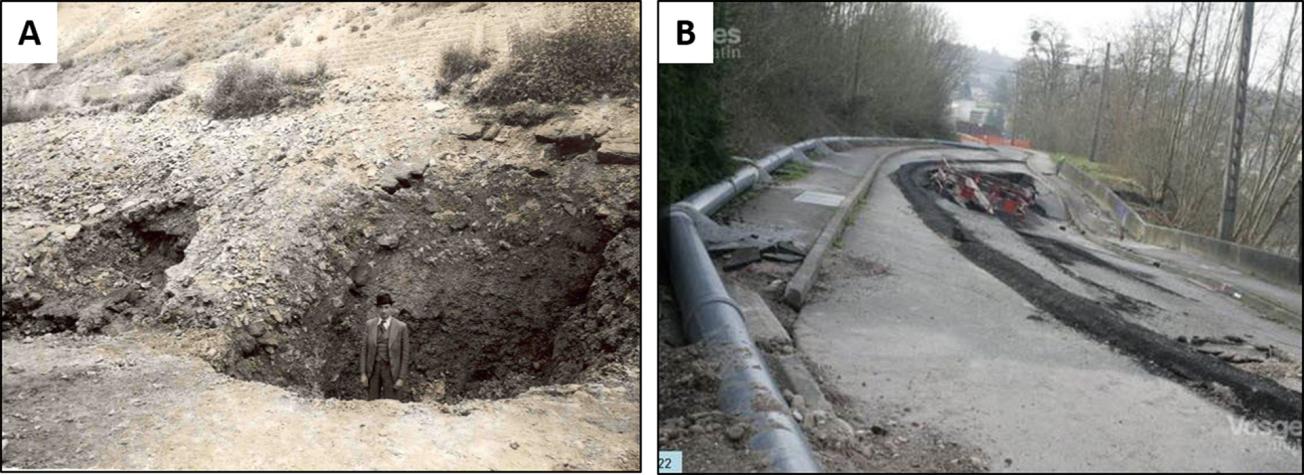 A: Large funnels discovered in 1936 when the canal was drained for leakproofing work. B: Subsidence along the RD12 roadway 