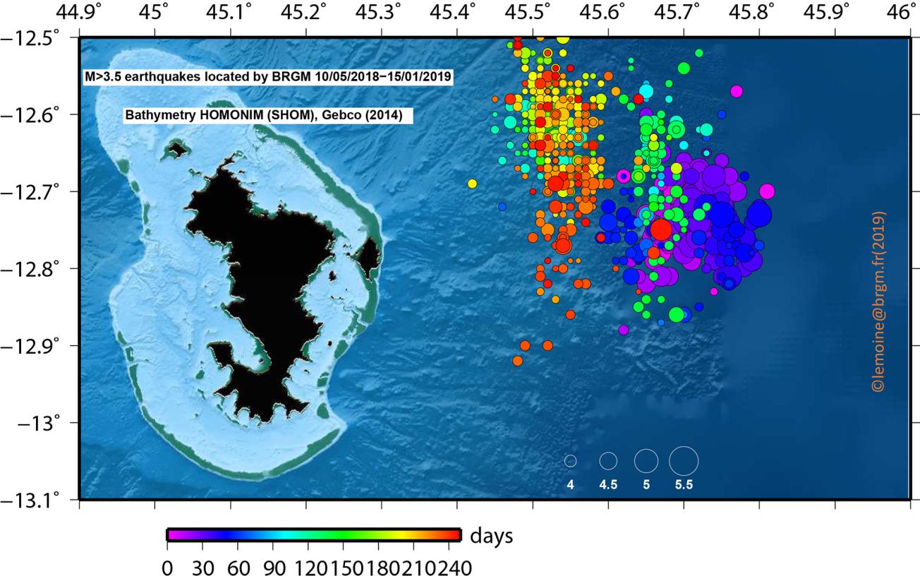 Location of tremors between 10 May 2018 and 15 January 2019 during the seismo-volcanic earthquake swarm in Mayotte 