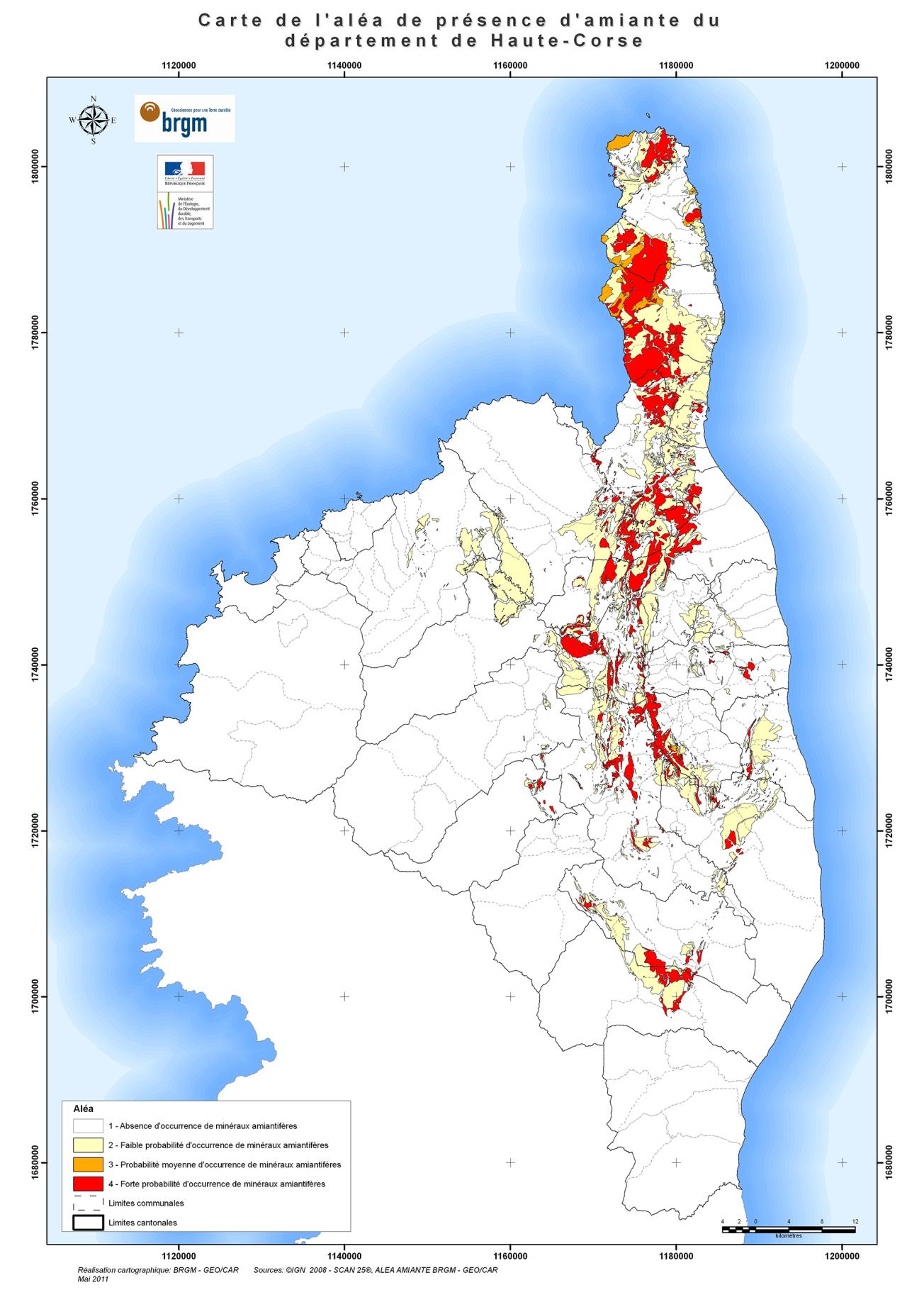 Carte de l’aléa de présence d’amiante du département de Haute-Corse 