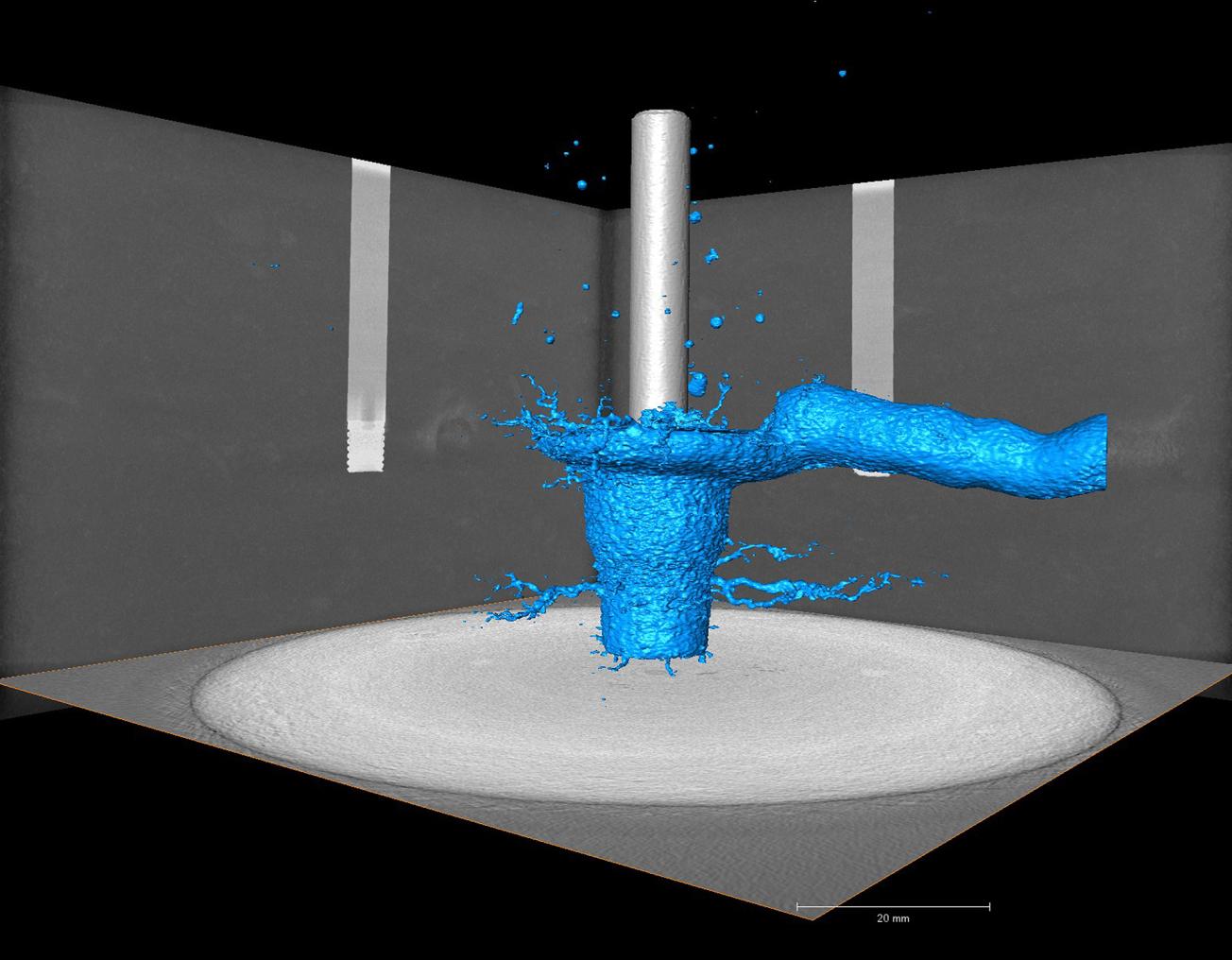 Tomographie 3D de la porosité créée (en bleu) après 20 jours d’injection d’eau acidifiée 