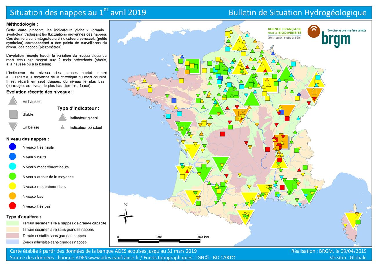  Carte du bulletin de situation hydrogéologique au 1er avril 2019    