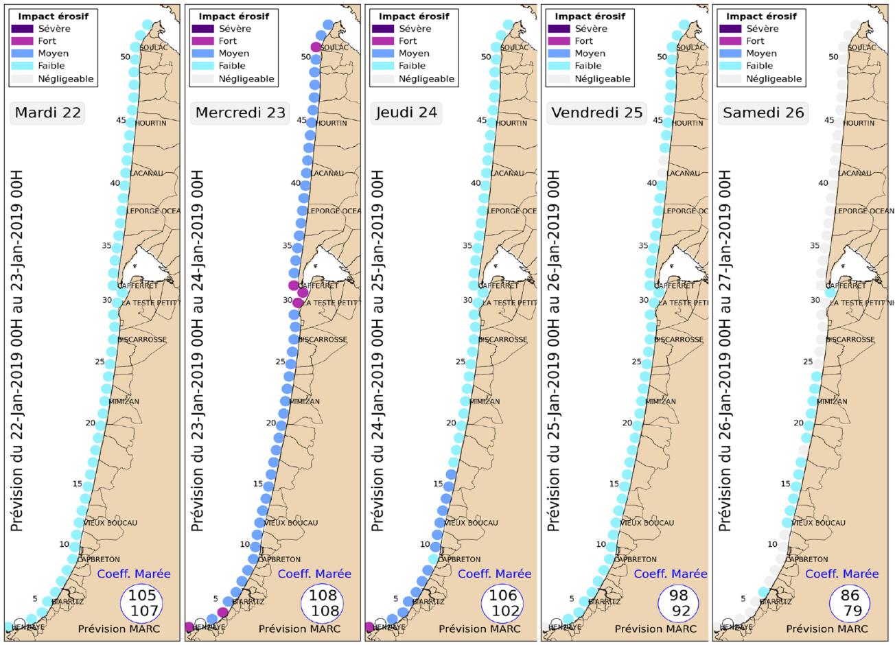 5-day forecast, relating the intensity of the storm to the erosion hazard on the Aquitaine coast 