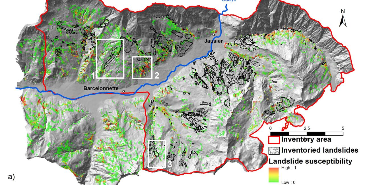 Estimated stability of slopes prone to landslips in the Barcelonnette Valley 