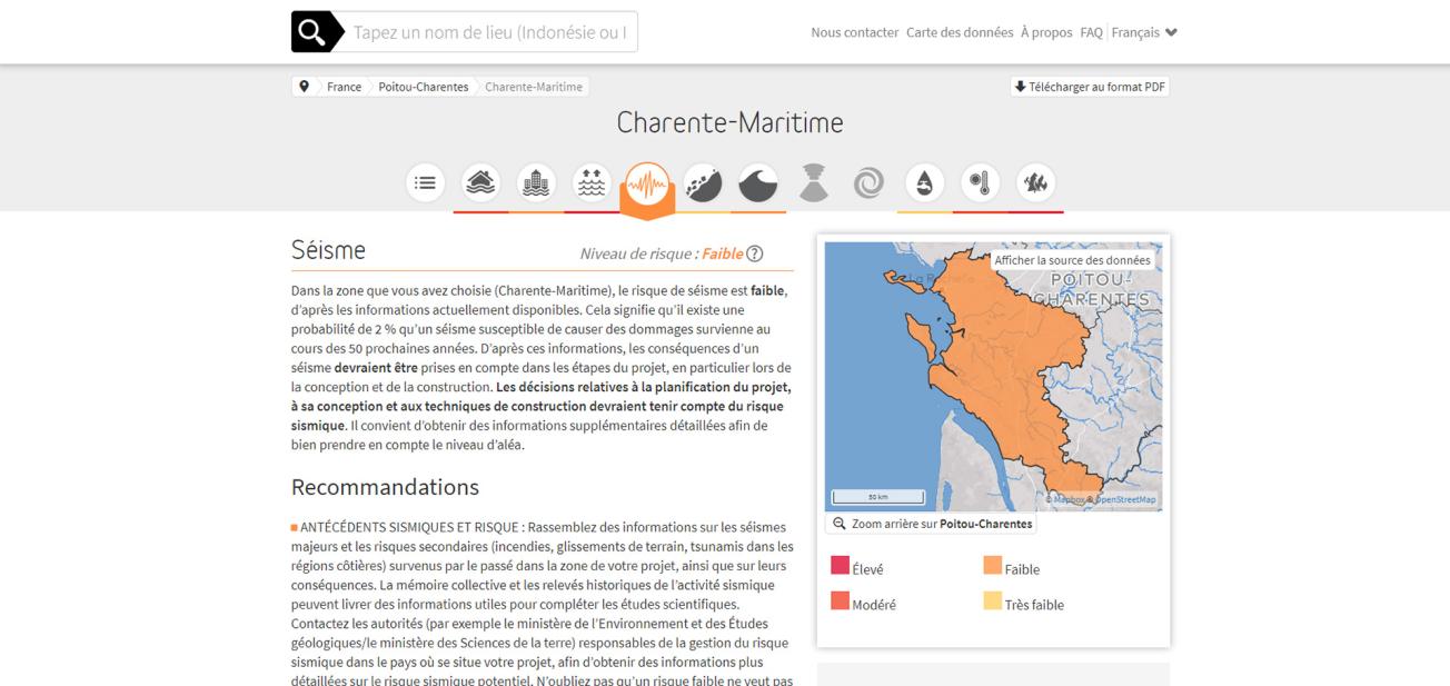 Example of seismic risk levels in the Charente Maritime département (western France) 