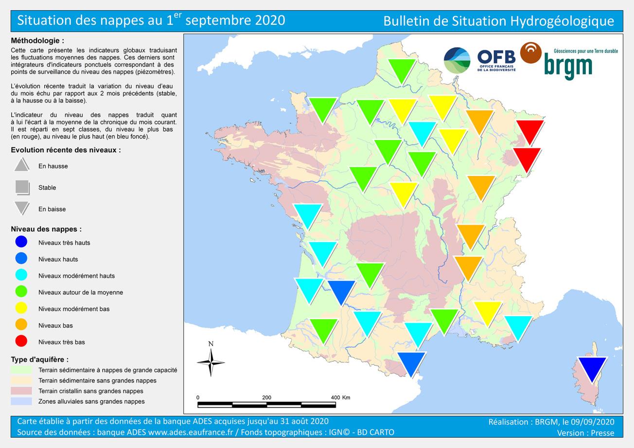 Map of water table levels in France on 1 September 2020