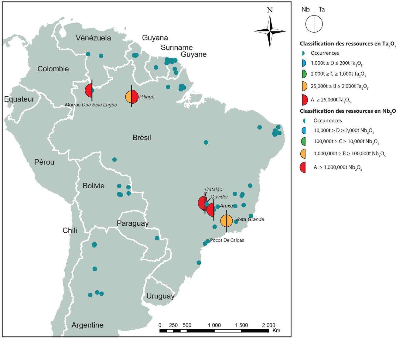 Distribution des différents indices et gisements de tantale et niobium en Amérique du Sud 