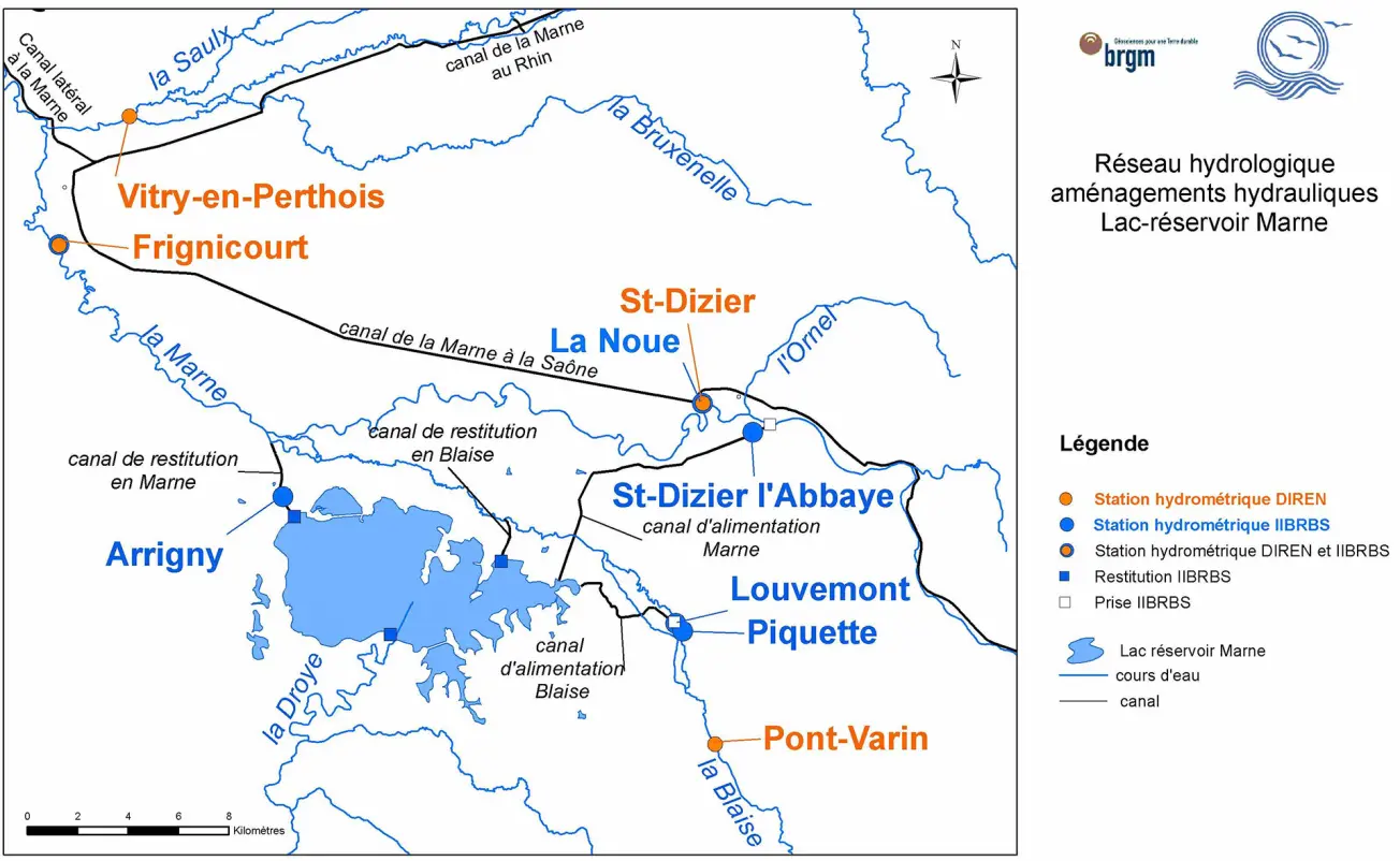 Map of the hydrological and hydraulic network of the Marne reservoir lake.
