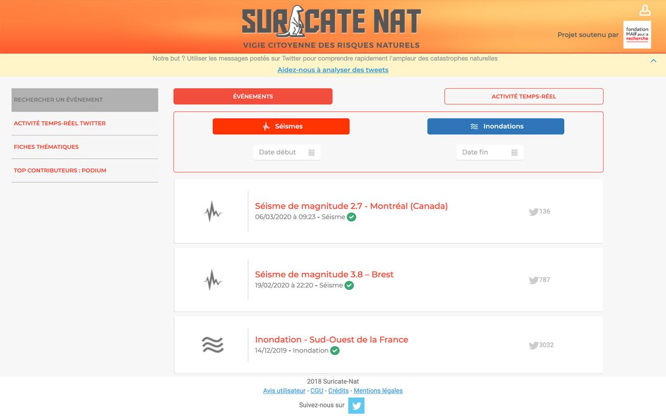Page d’accueil du site web SURICATE-Nat
