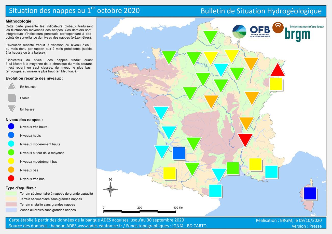 Map of water table levels in France on 1 October 2020
