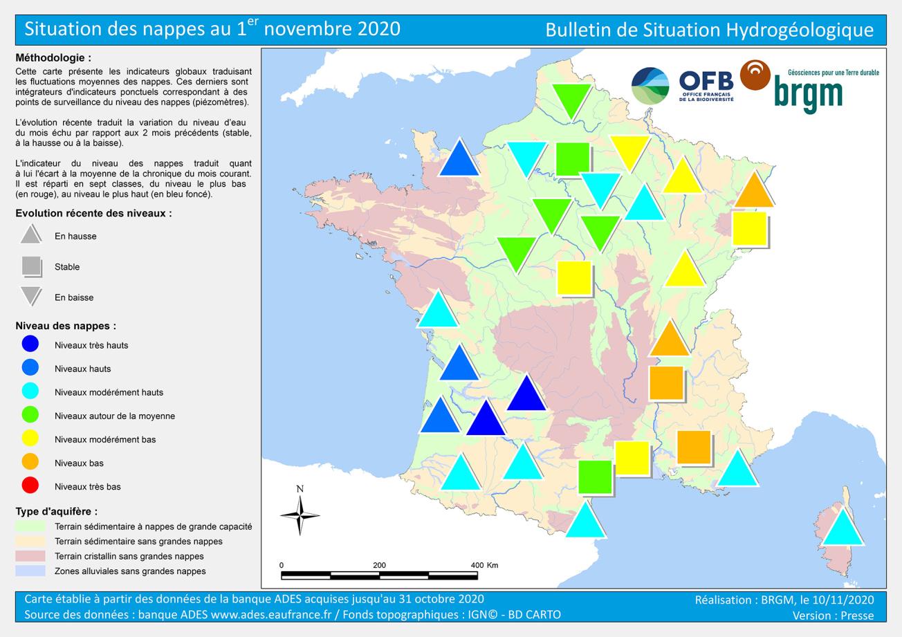 Map of water table levels in France on 1 November 2020