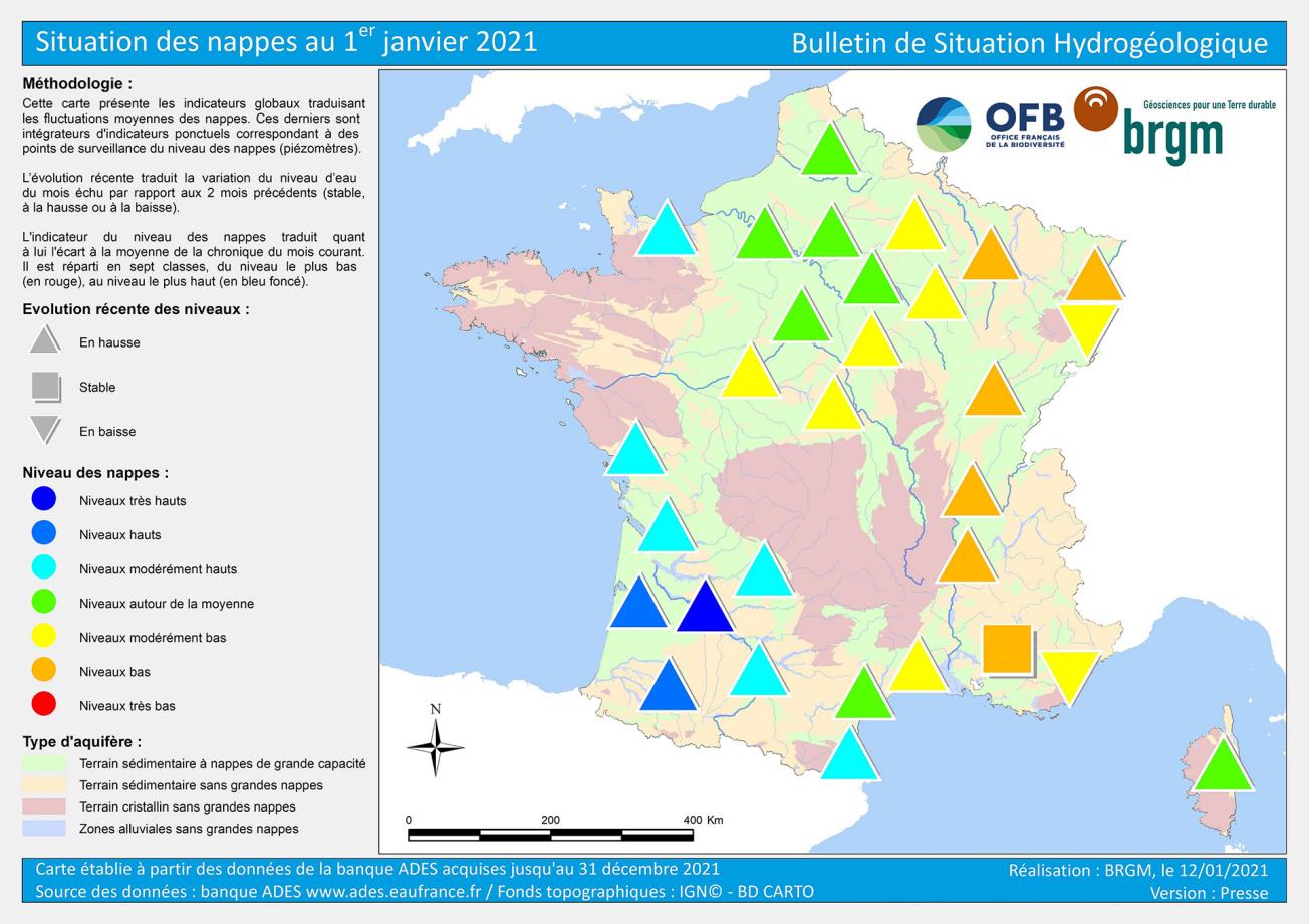Carte de France de la situation des nappes au 1er janvier 2021