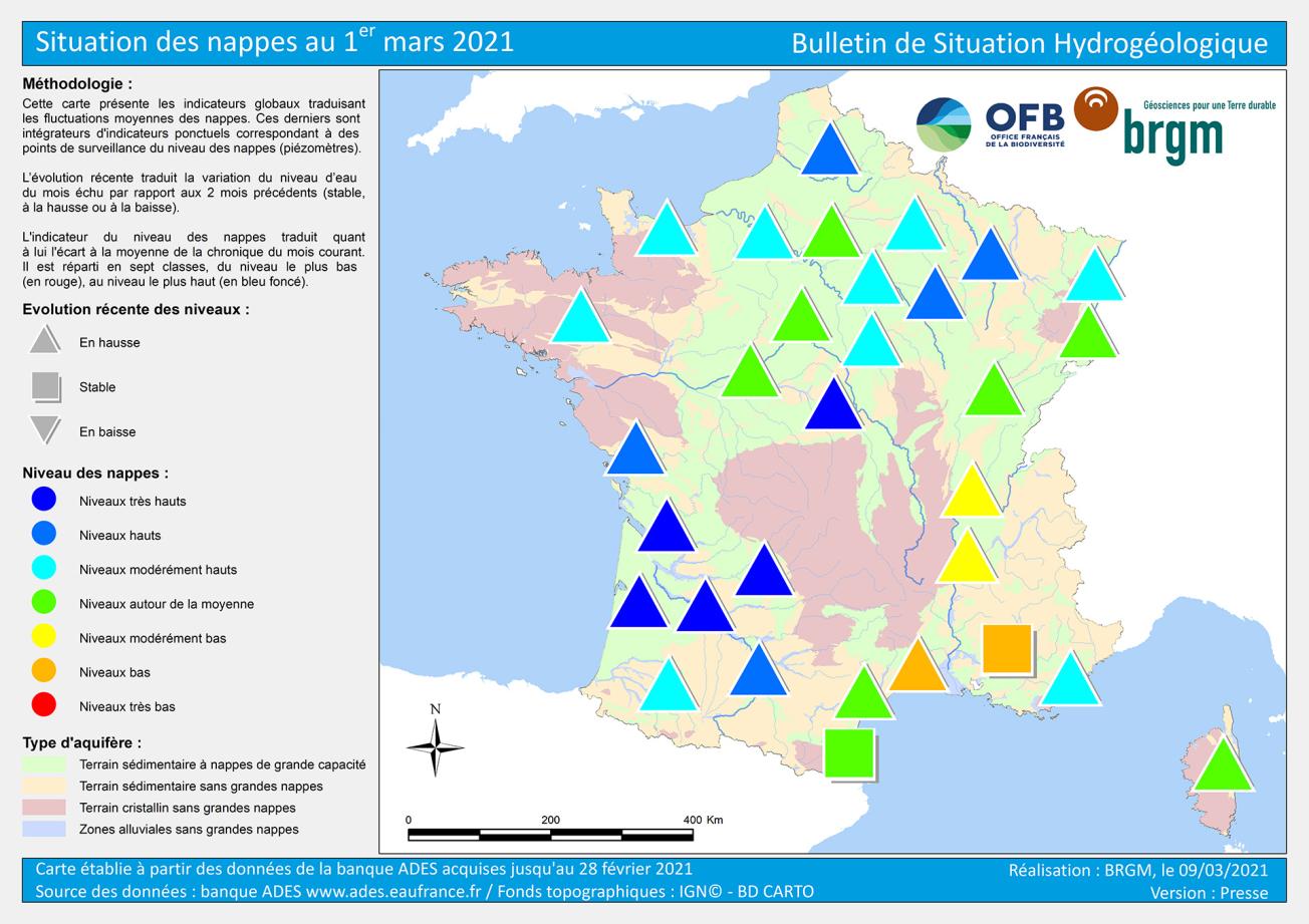 Carte de France de la situation des nappes au 1er mars 2021