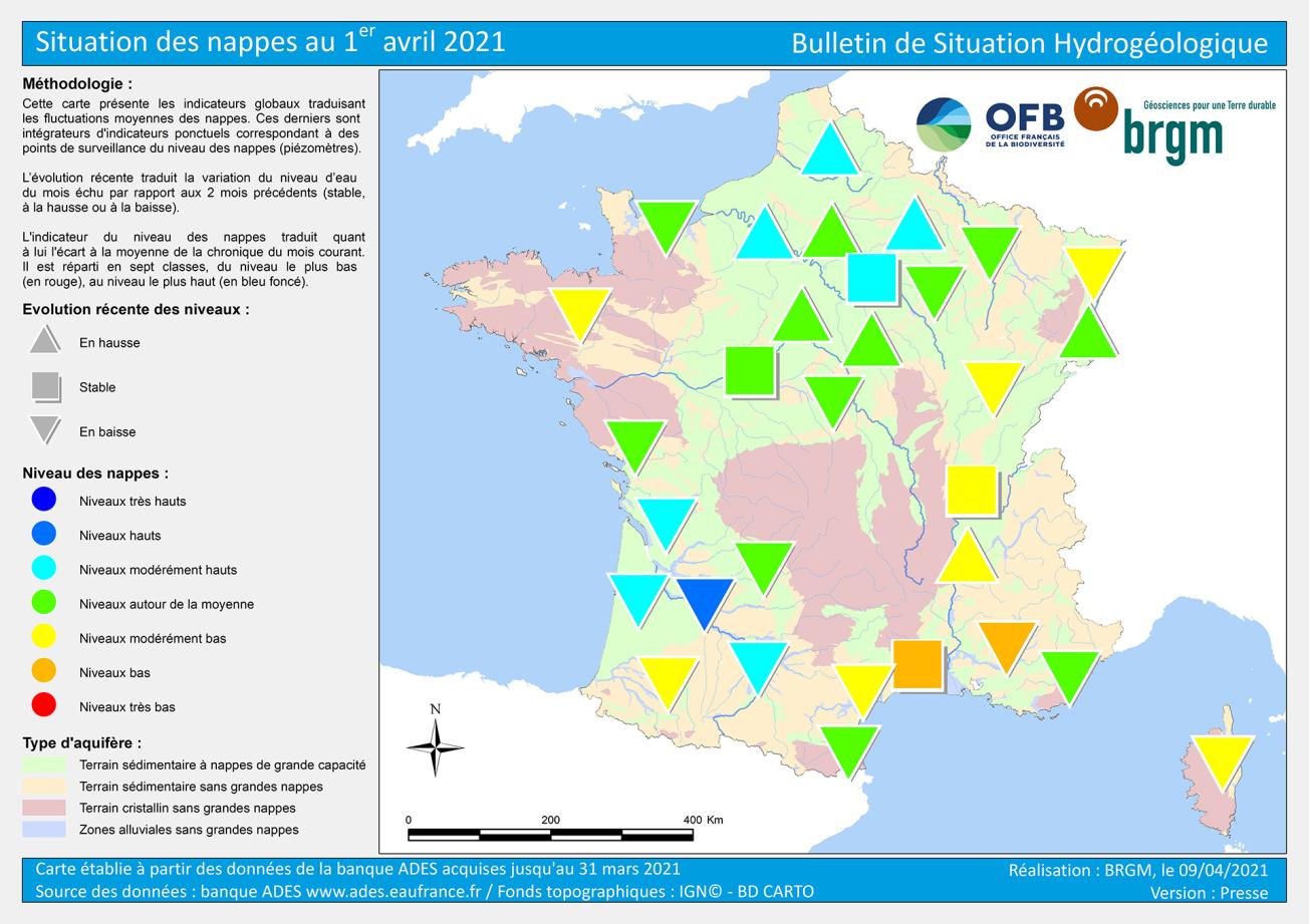 Map of water table levels in France on 1 April 2021
