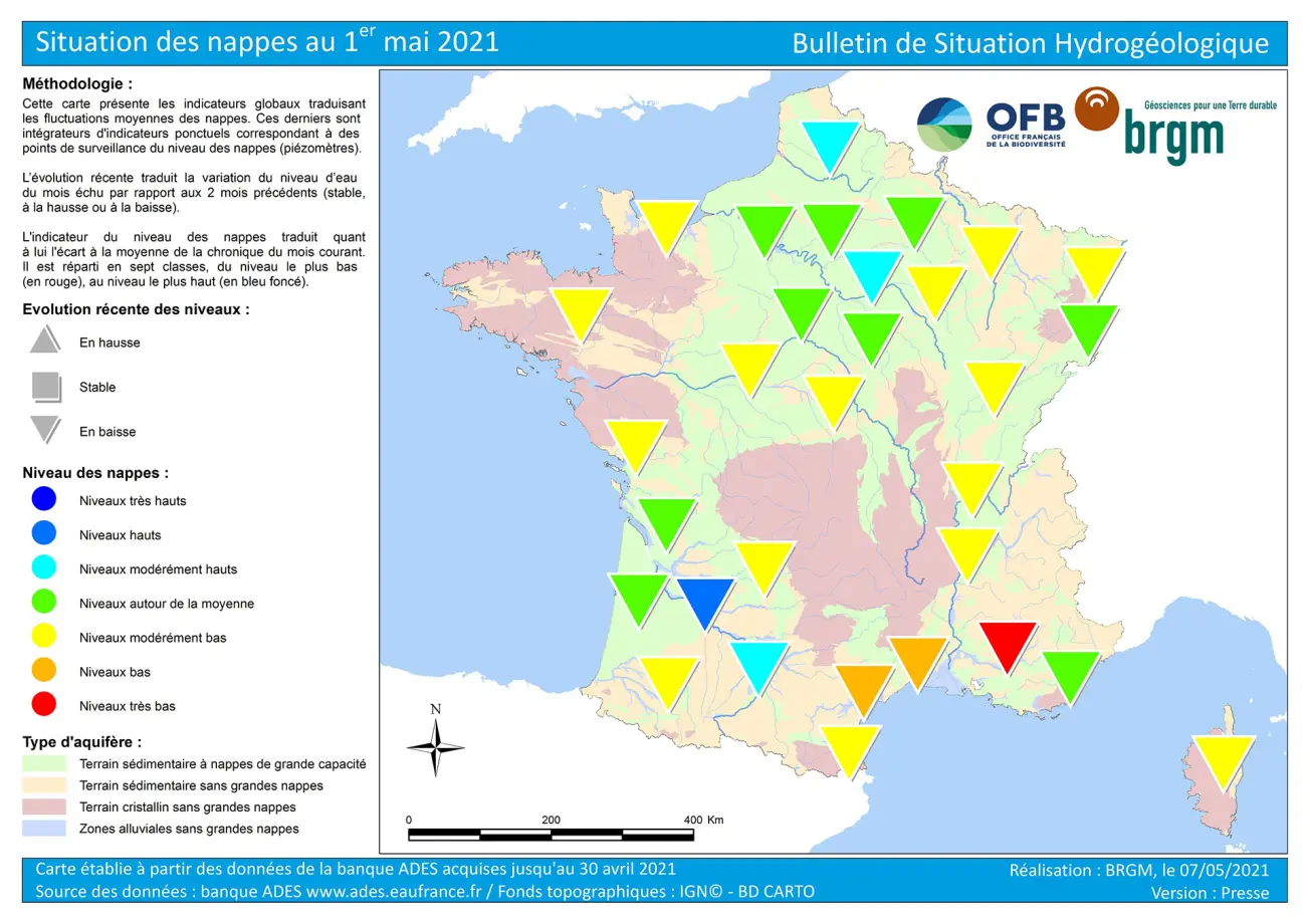 Map of water table levels in France on 1 May 2021