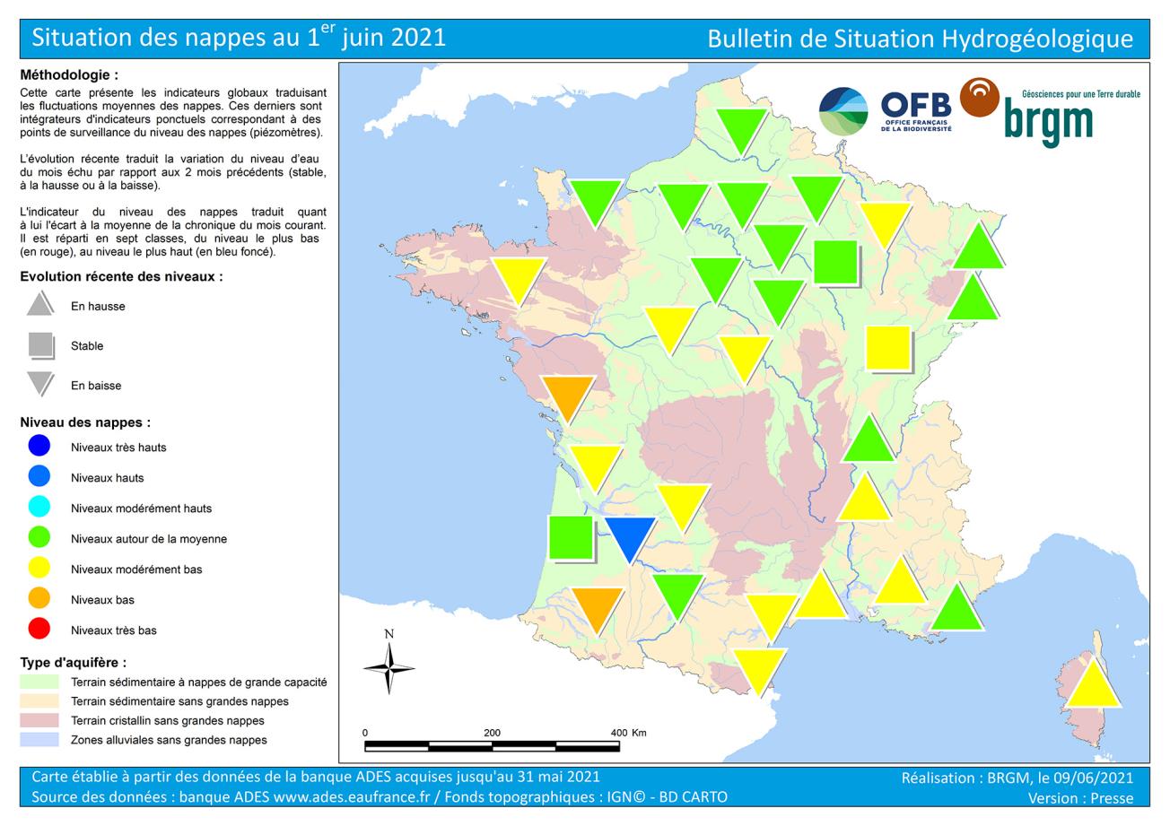 Map of water table levels in France on 1 June 2021