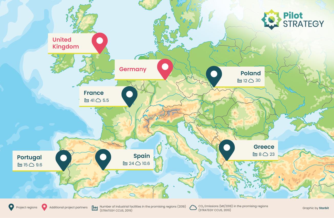 Carte des régions étudiées et des partenaires du projet PilotSTRATEGY
