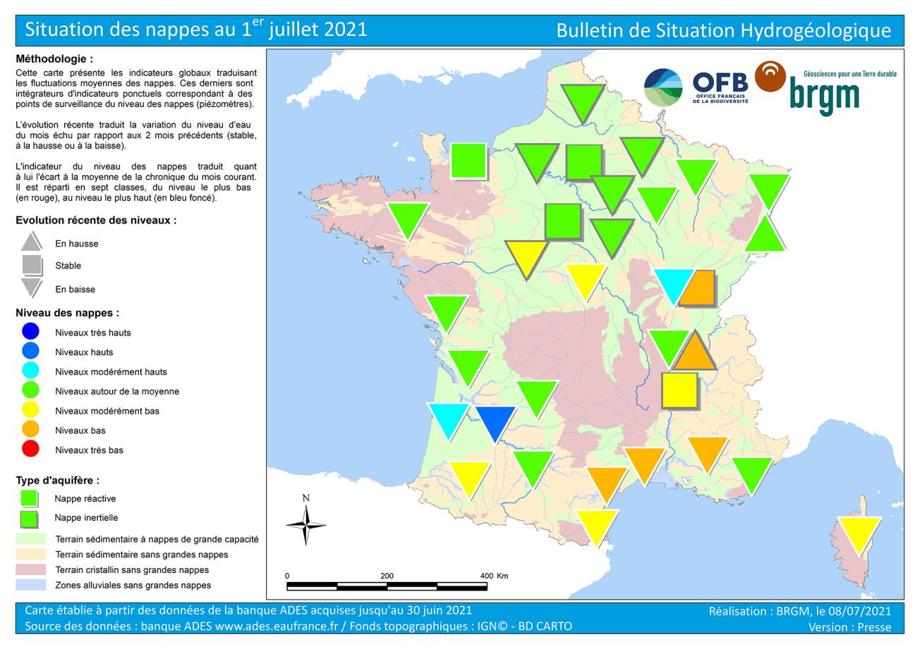 Carte de France de la situation des nappes au 1er juillet 2021